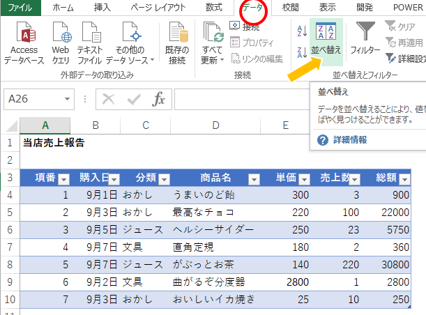 並び替えボタンを押す
